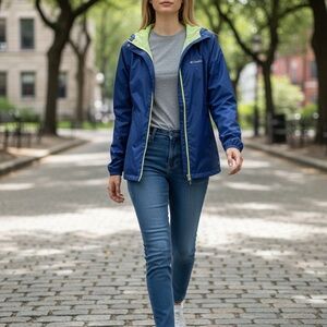 Columbia Women's Navy Full Zip Hooded Wind/ Rain Packable Jacket Size Medium